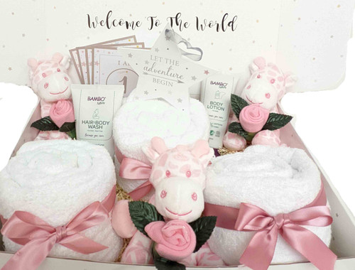 TRIPLETS BABY GIFT HAMPER Bath Time GIRAFFES Girls TRIPLETS BABY GIFT HAMPER Bath Time GIRAFFES Girls