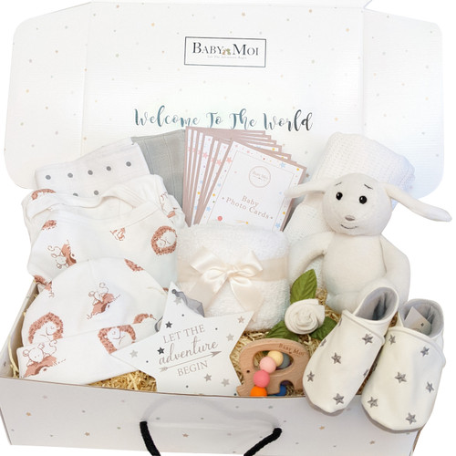 LET THE Woodland ADVENTURE BEGIN NEW BABY GIFT HAMPER (Organic Bunny)