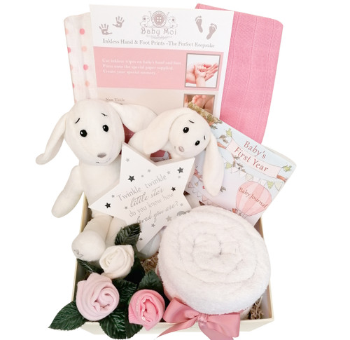 3 Tier Box Welcome Baby Gift Girl Hamper Set Organic Boi Bunny Babymoi