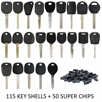 Automotive Transponder Key Shells + Xhorse Super Chips Bundle (115 Shells + 50 Super Chips) - Aftermarket