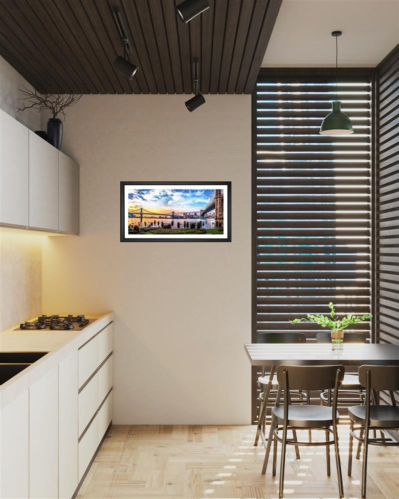 James Venuti, Manhattan Sunrise, EFX, EFX Gallery, art, photography, giclée, prints, picture frames, Manhattan Sunrise 36" landscape frame in kitchen