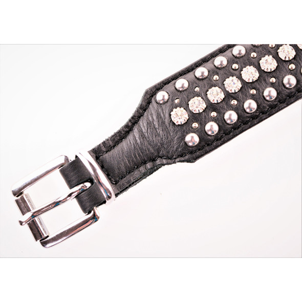 Collar Wide Padded Leather collar w/ Beads/Gems & D-Ring