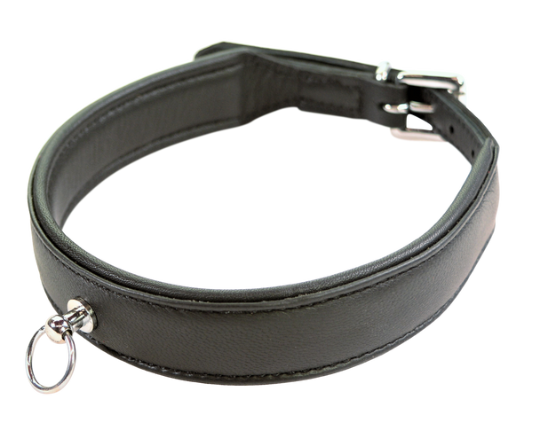 Collar - Black Leather Padded Softy Slave Collar - Plain Collar w D ring 1" wide