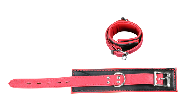 Cuff Wrist - Leather Softy Padded Bondage Handcuff - Black with Red Buckle Strap | Bondage Cuff | BDSM
