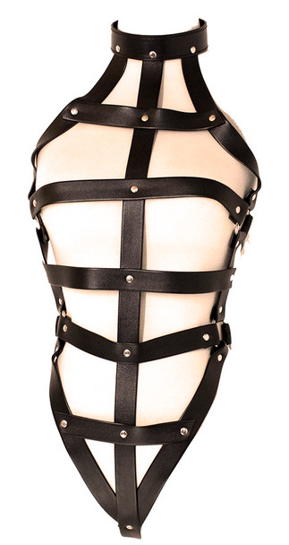Strappy Cage Teddy - PVC Vegan Leather Body Harness with Collar