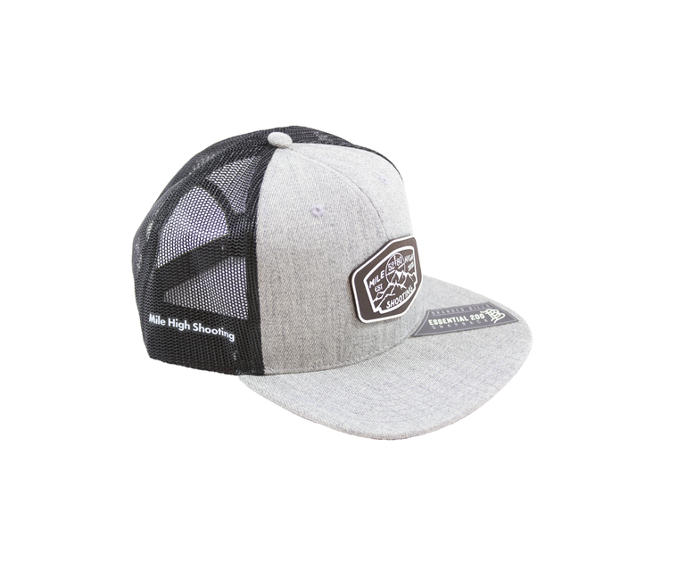 MHSA | Mile High Shooting Trucker Hat, Leather Patch, Heather Grey/Black - Right Side | Mile High Shooting Accessories