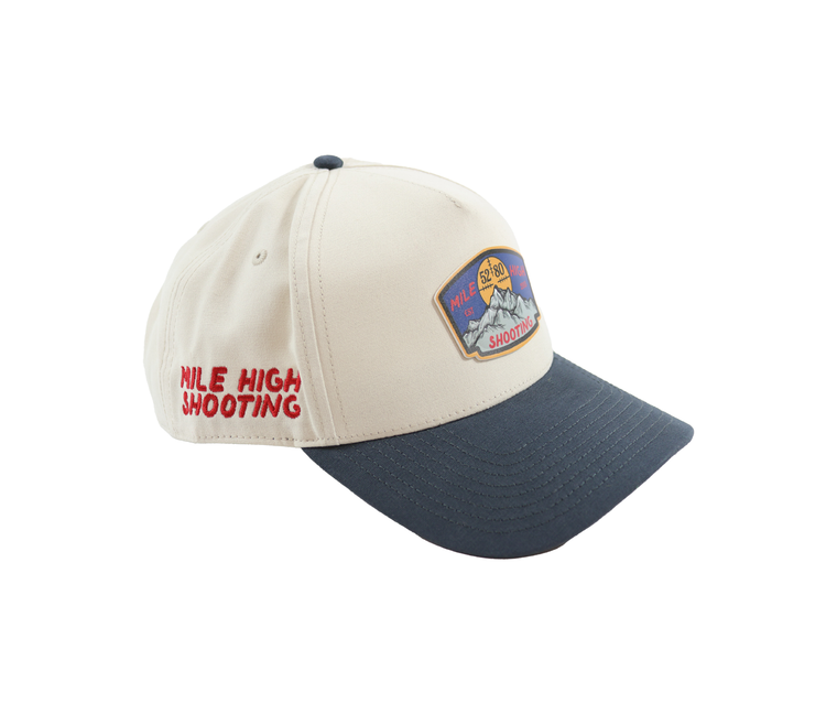 MHSA | Mile High Shooting 5 Panel, PVC Patch, Canvas Beige/Navy - Right Side | Mile High Shooting Accessories
