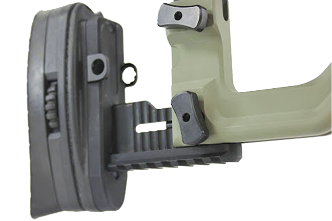 A close-up of the Length of Pull mechanism on an Accuracy International Chassis.