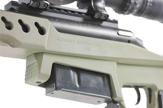A close-up of the Magwell on an Accuracy International Chassis.