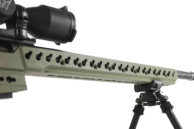 A close-up of the RRS Dovetail (ARCA) Rail on an Accuracy International Chassis.