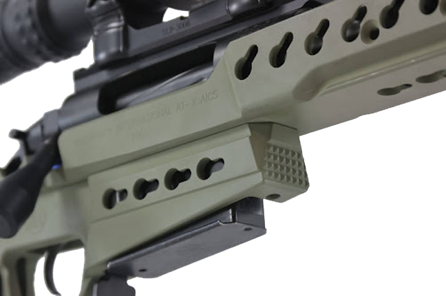 A close-up of the Barricade Stop on an Accuracy International Chassis.