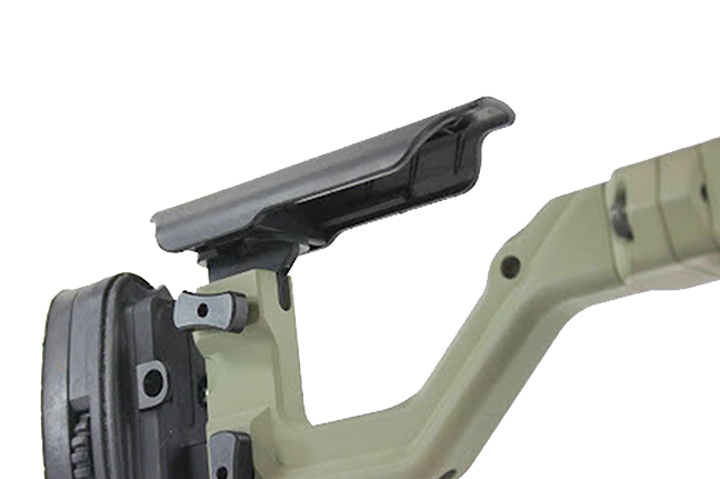 A close-up of the Cheek Piece on an Accuracy International Chassis.