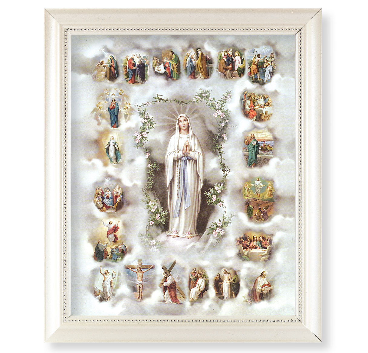 Mysteries of the Rosary Pearlized White Framed Art - Holy Land Art ...
