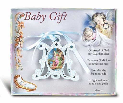 Wooden Marian Guardian Angel Crib Medallion Gift Boxed Blue Holy