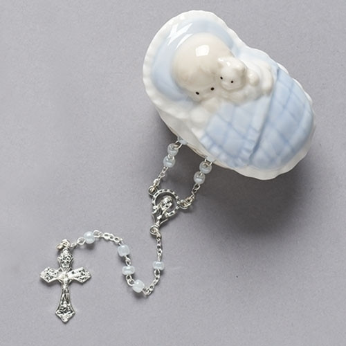 Baby Boy Porcelain Rosary Box with Blue Rosary Holy Land Art Company, LLC