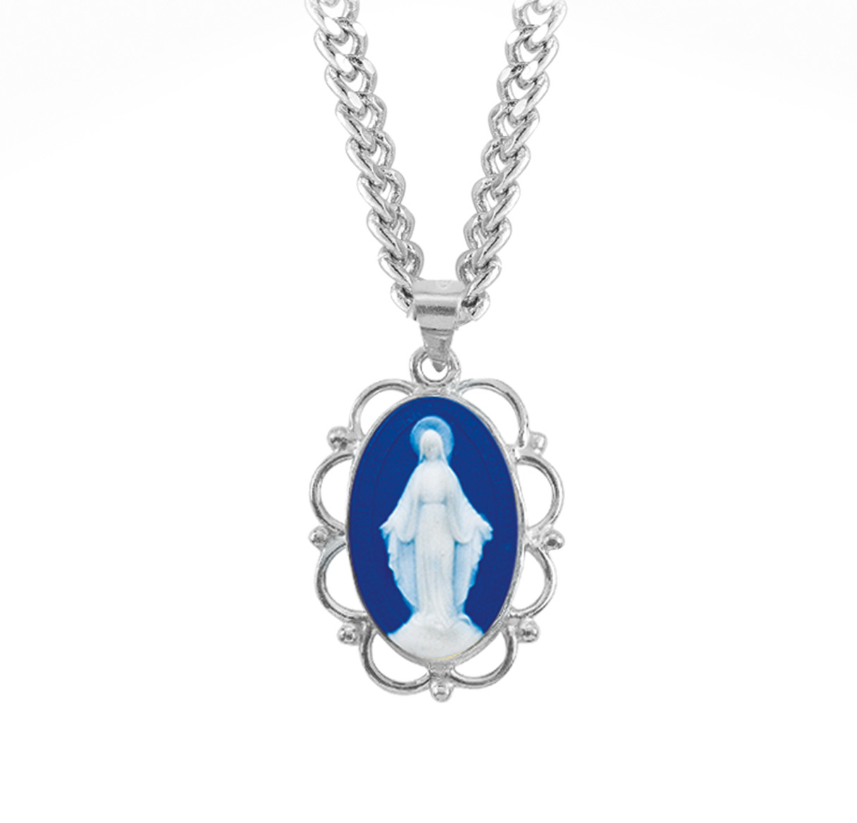 Dark Blue Sterling Silver Cameo Miraculous Medal | 18" Curb Chain ...