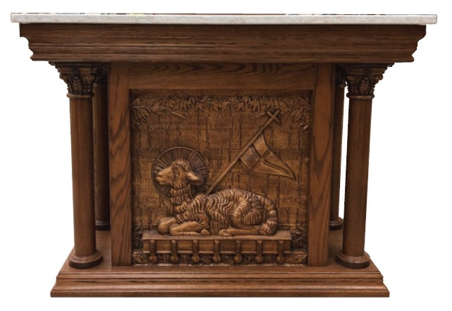 Carved Paschal Lamb Altar of Repose Oak Multiple Finishes Available
