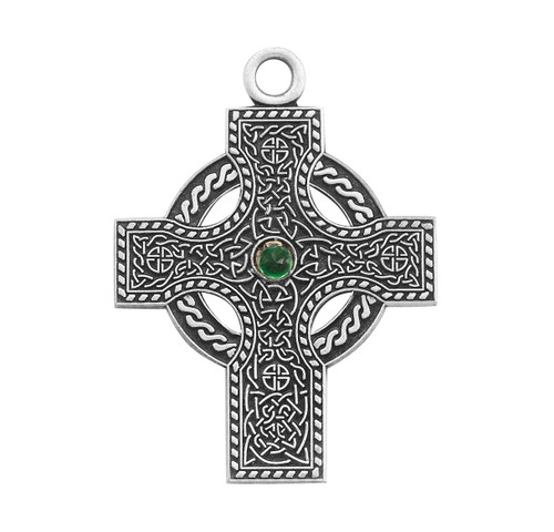 Sterling Silver Green Gem Irish Celtic Cross Pendant | 24" Chain