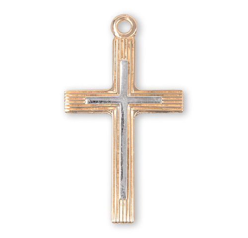 Line Layered Two-Tone Gold Over Sterling Silver Cross | 18" Curb Chain