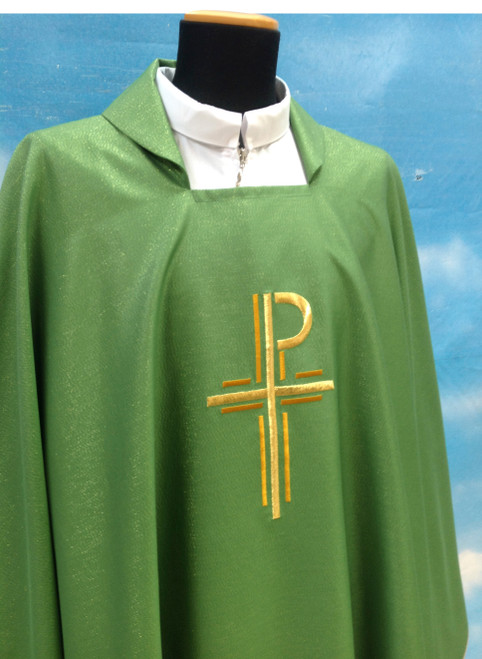 #633 Embroidered Rho Cross Chasuble | Square Collar | Poly/Gold Thread | All Colors