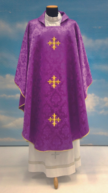 #642 Three Cross Chasuble | Square Collar | 100% Polyester Damask | All Colors