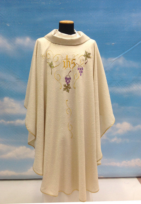 #603 IHS Grapes Celebrants Chasuble | Roll Collar | Wool/Gold