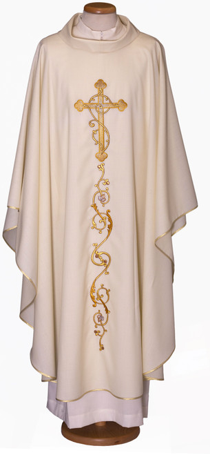 #5703 Gold Embroidered Large Cross Chasuble | Roll Collar | 100% Wool | All Colors