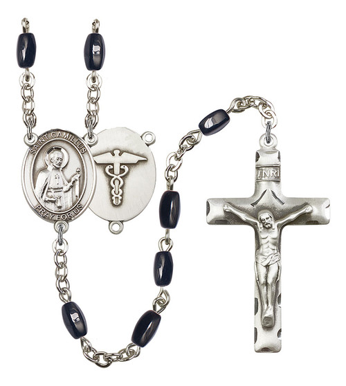 St. Camillus of Lellis Nurse Rosary | Hand Made Silver Plate | 5mm Black Onyx Beads