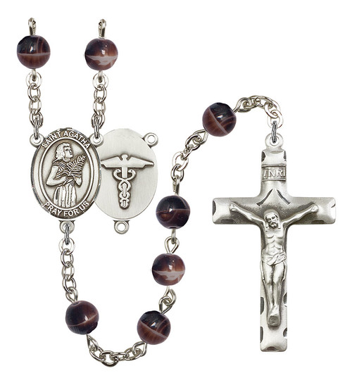 St. Agatha Nurse Rosary | Hand Made Silver Plate | 7mm Brown Beads