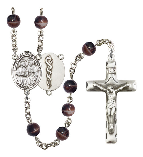 Sts. Cosmas & Damian Doctors Rosary | Hand Made Silver Plate | 7mm Brown Beads