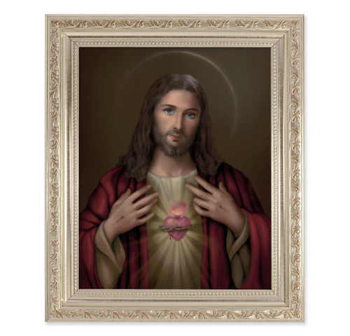 Sacred Heart of Jesus Antique Silver Framed Art | Style E