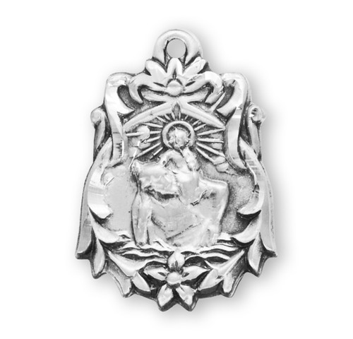 Saint Christopher Floral Bordered Sterling Silver Medal
