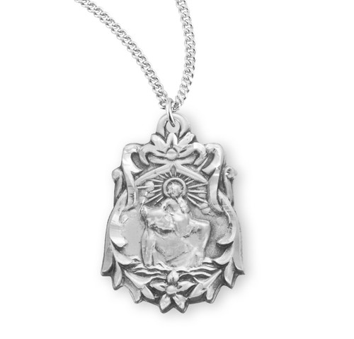 Saint Christopher Floral Bordered Sterling Silver Medal