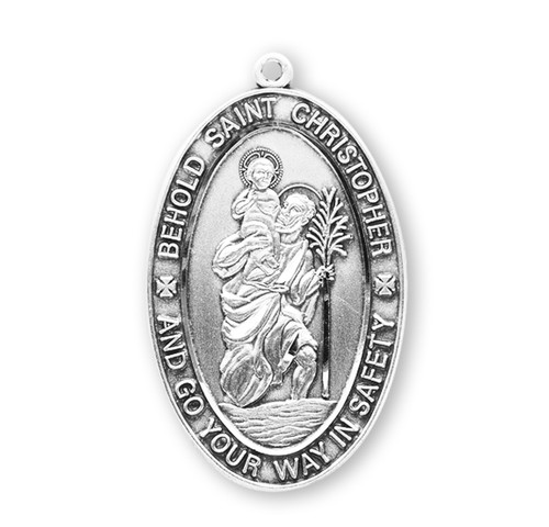 Saint Christopher X-Large Oval Sterling Silver Medal | Style B | 24" Chain