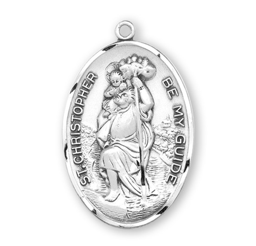 Saint Christopher X-Large Oval Sterling Silver Medal | Style D | 24" Chain