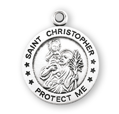 Saint Christopher Large Round Sterling Silver Medal | Style B | 24" Chain