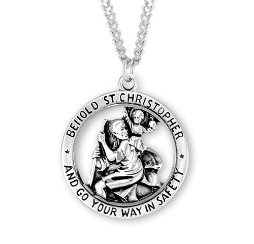 Saint Christopher Large Round Sterling Silver Medal | Style F | 24" Chain