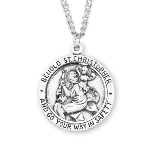 Saint Christopher Large Round Sterling Silver Medal | Style K | 24" Chain