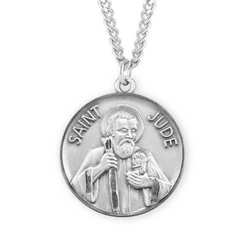 Saint Jude Large Round Sterling Silver Medal | 24" Chain
