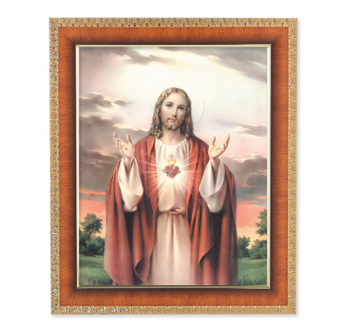 Sacred Heart of Jesus Natural Tiger Cherry Framed Art | Style A