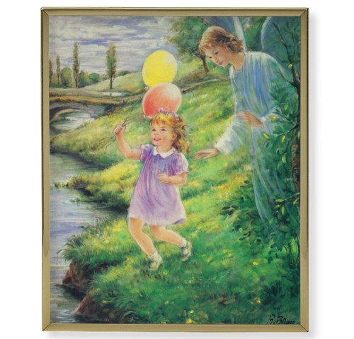 Guardian Angel wit Girl Plain Gold Framed Plaque Art