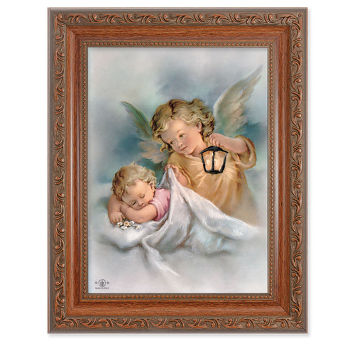 Guardian Angels with Lantern Antique Mahogany Finish Framed Art