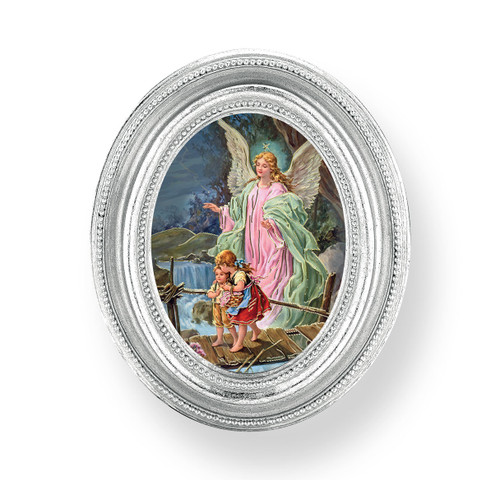 Guardian Angel Oval Framed Print | Silver Frame