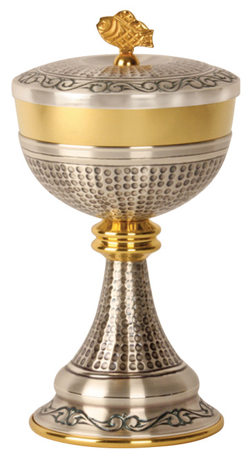 K914 Engraved & Hammered Covered Ciborium | 24K Gold & Oxidized Silver