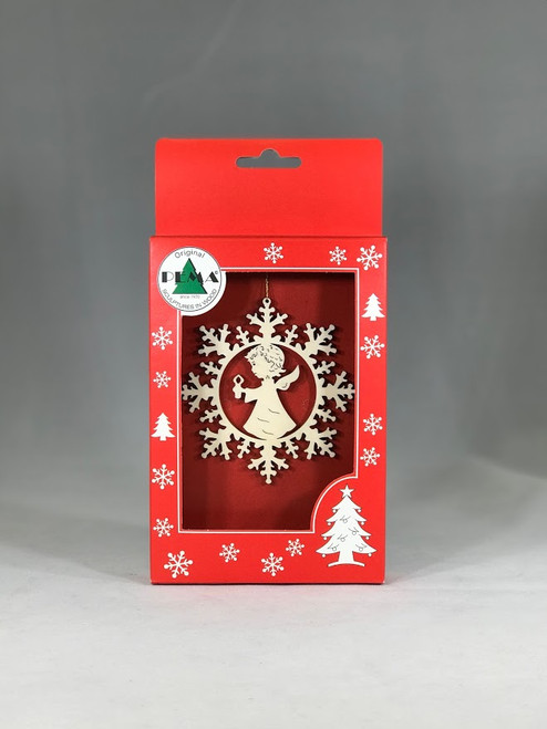 Angel with Candle in Snowflake Ornament | Laser Cut Wood | Made in Italy
