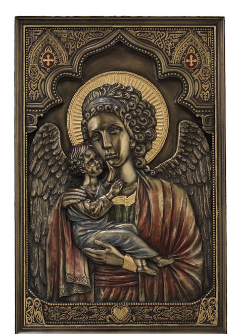 6" x 9" Guardian Angel with Child Plaque | Cold Cast Bronze