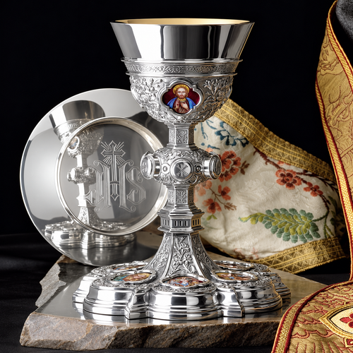 #2970 Enamel-Paneled Gothic Chalice & Paten | 9", 15oz. | Sterling Silver | Made in Spain