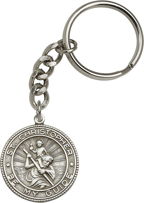 St. Christopher Silver Finish Round Keychain