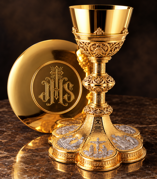 #2985 Life of Christ Gothic Chalice & Scale Paten | 8 1/2", 12oz. | Multiple Finishes Available