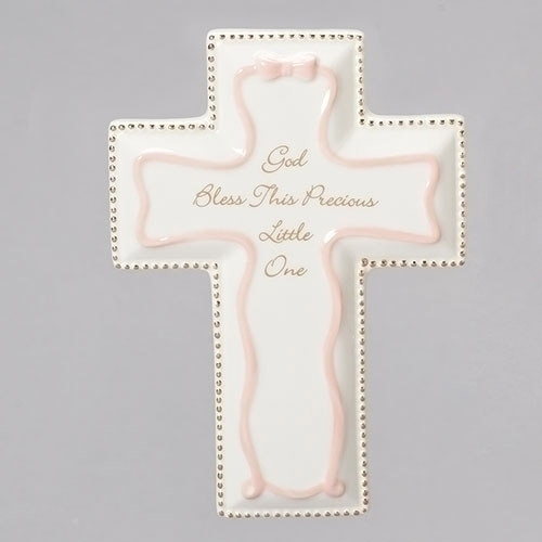 6" God Bless This Little One Baptism Wall Cross | Porcelain | Pink